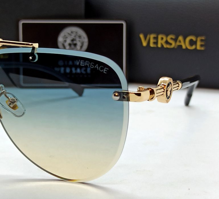 Versace очки унисекс солнцезащитные модные сине бежевые в золот метале