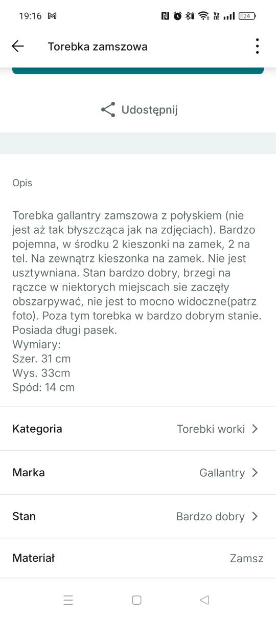 Torebka zamszowa gallantry