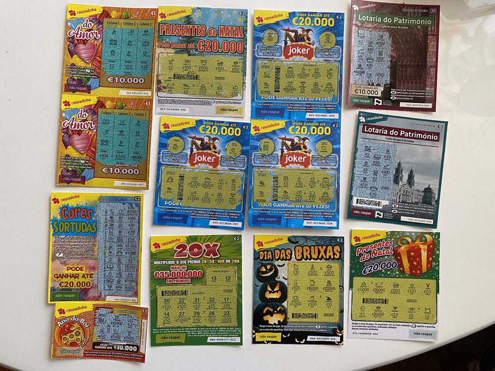 Várias lotarias raspadinhas grandes e pequenas para coleção cada 0,20€