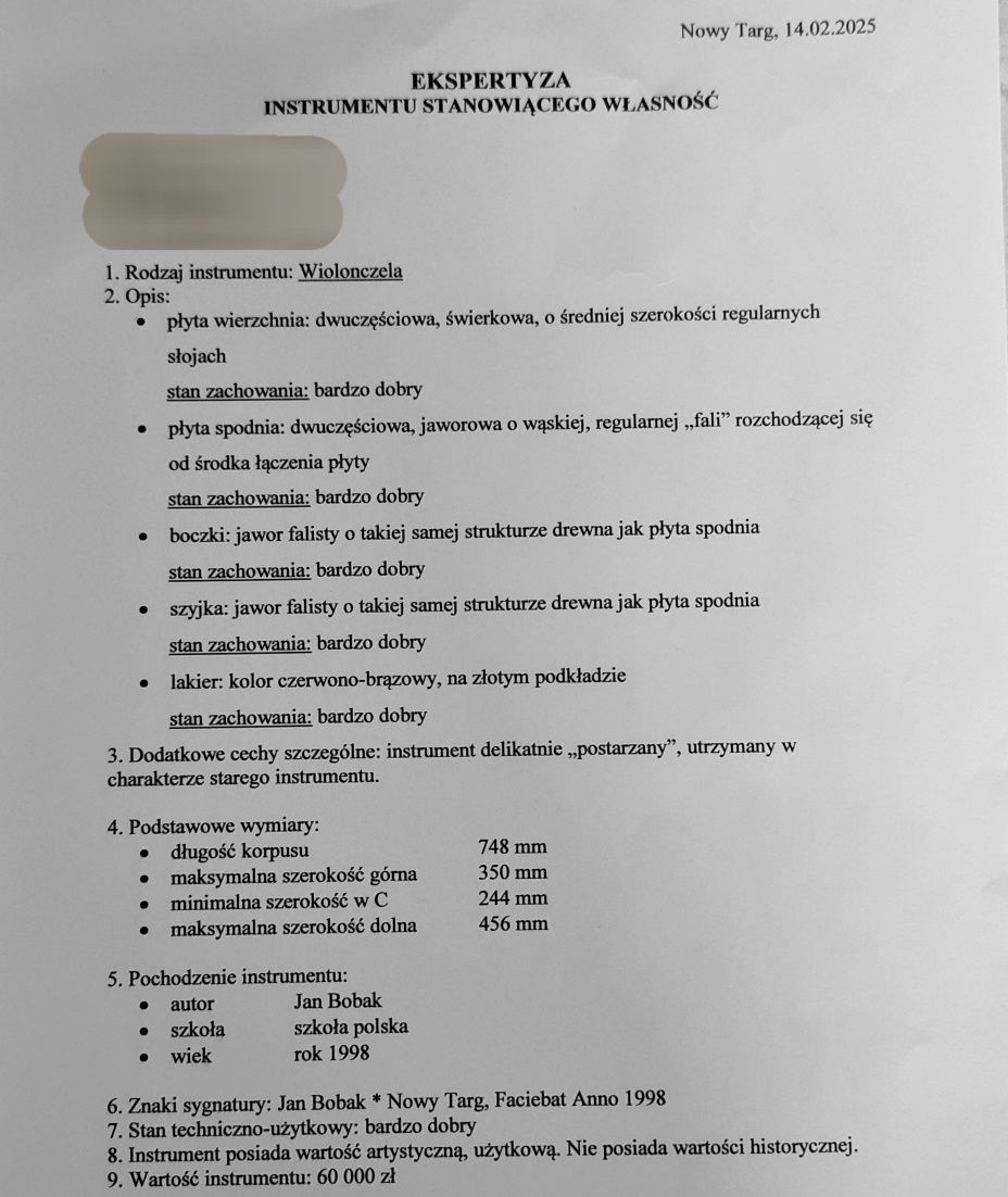 Wiolonczela lutnicza mistrzowska1 1998r. Certyfikat, ekspertyza