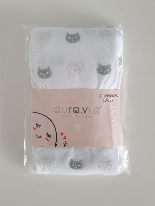 Rajstopy dziewczęce białe w srebrne kotki 10-12 lat 140-152 Aura via