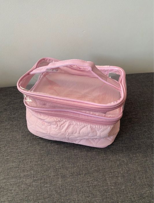 różowa kosmetyczka z dwiema przegrodami duża