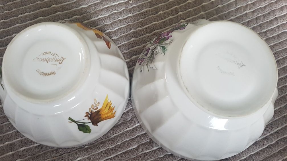 Tigelas porcelana louca francesa longchamp e chicara de vidro pintada