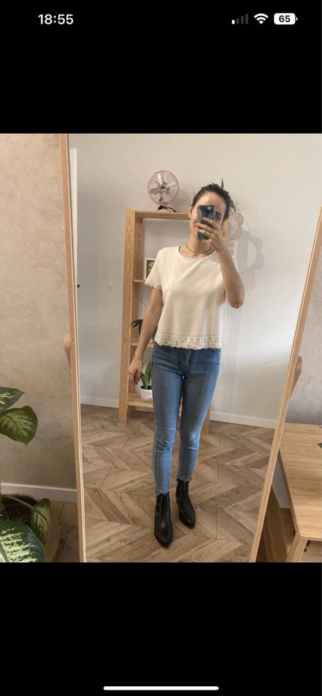 Crop top elegancki wzór wycięcia H&M S 36 ecru krótki rękaw