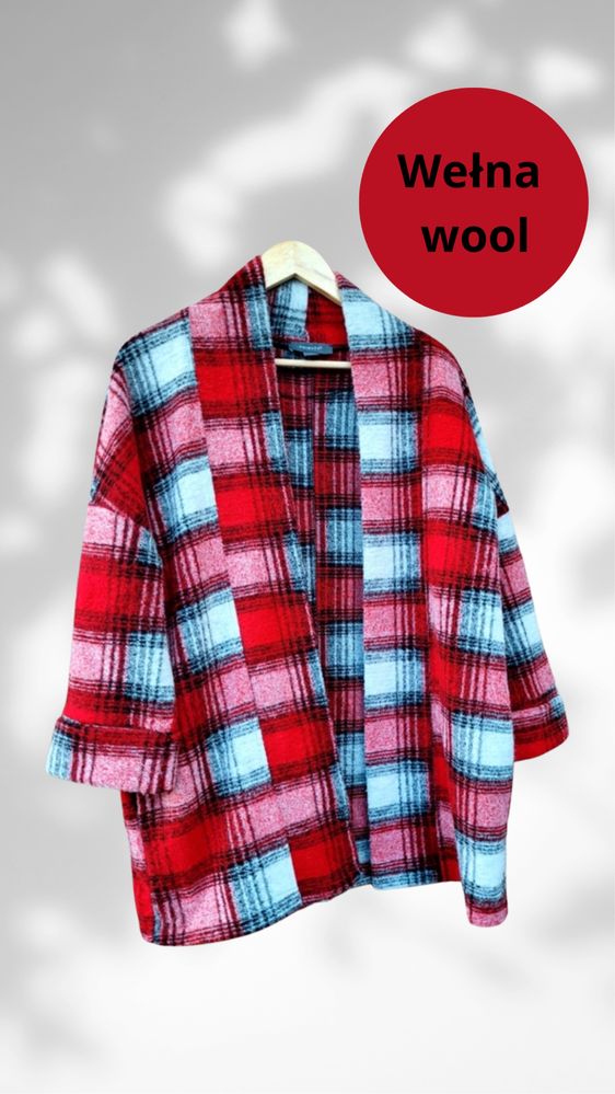 Ciepły sweter z wełną • kardigan w kratę • 36 S 38 M