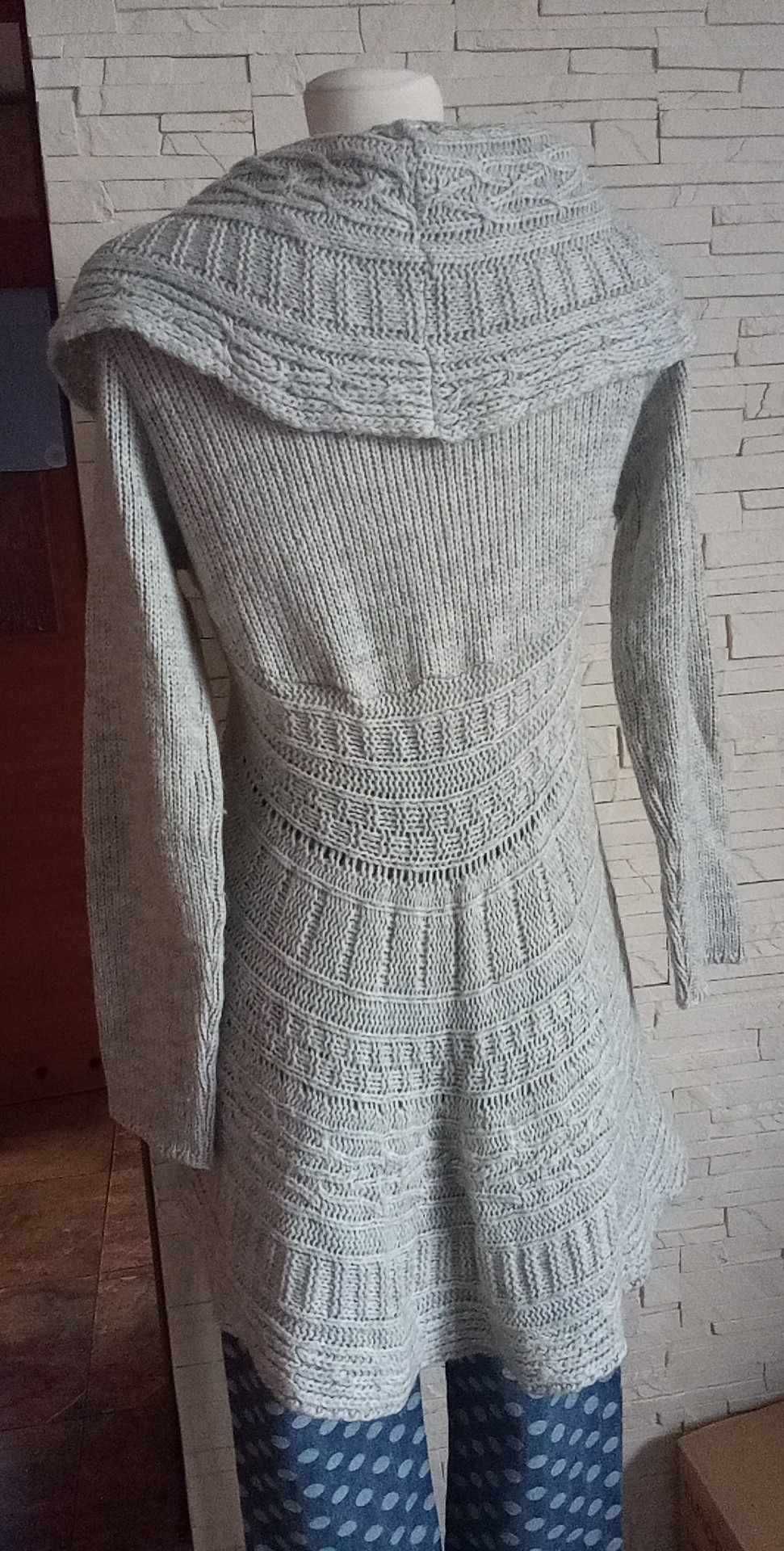 Sweter, kardigan, ażurowe wzory, szary