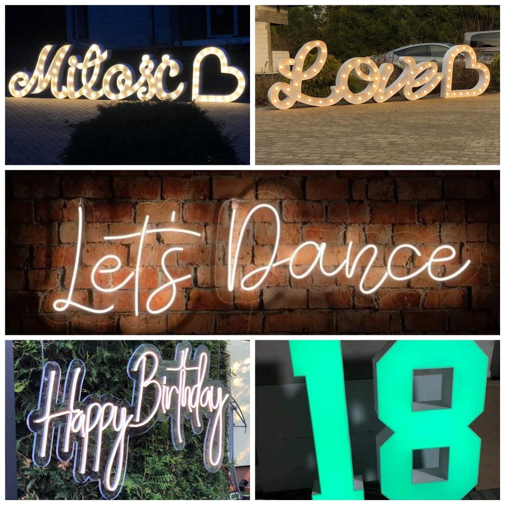 Napis 'miłość', 'love', '18', ledony 'happy birthday', 'Let's dance'