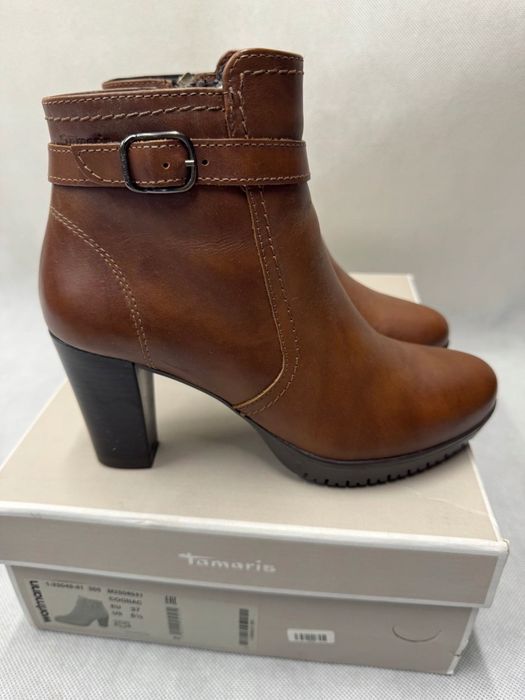 Tamaris Botki Skórzane Na Korku Brązowe Rozmiar 37