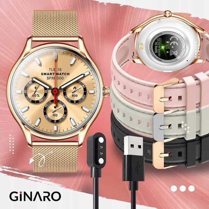 Smartwatch damski złoty zegarek elegancki kroki zdrowie pomiary muzyka