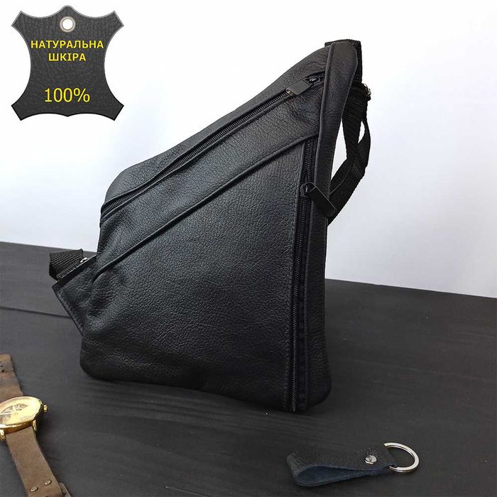 Качественная мужская сумка-слинг из натуральной кожи. Цвет: чёрный.