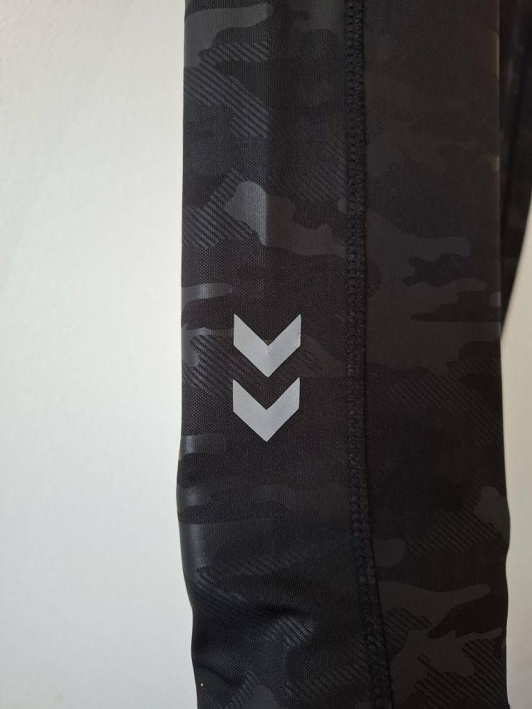 Leginsy legginsy damskie czarne moro push-up sportowe odblaski Hummel