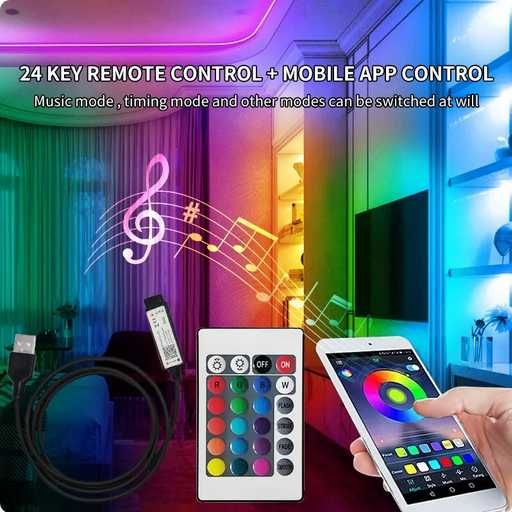 Fita LED RGB com 5 metros para decoração fundo TV + Comando Remoto