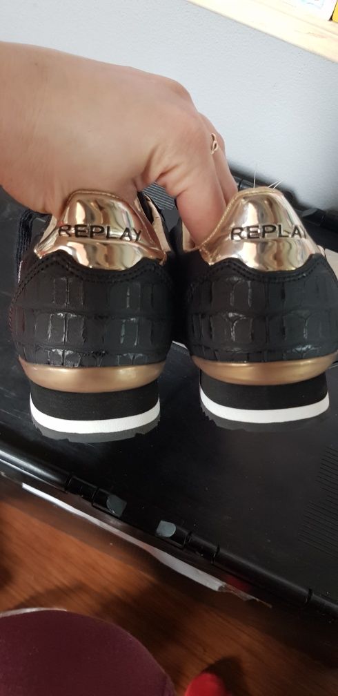 Nowe adidasy trampki sneakersy Replay skóra czarne złoto 39