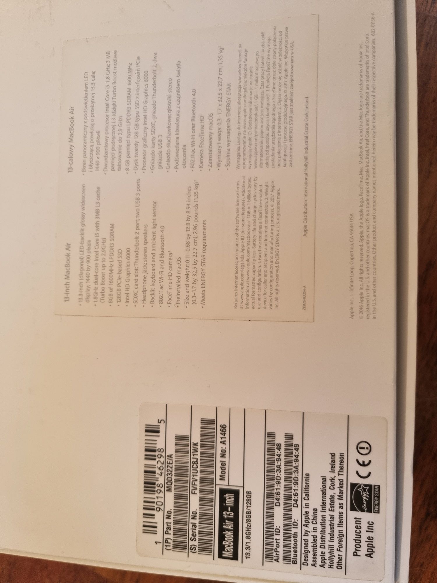 MacBook Air 13.3" 2017r. / 1.8GHz / 8GB / 128 GB