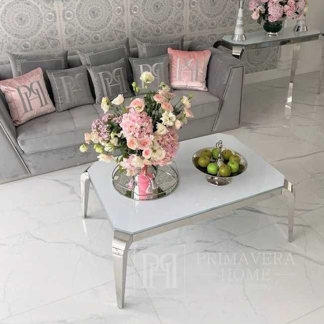 STOLIK KAWOWY GLAMOUR ELITE 110x70 Srebrny Ława Stal Szkło Salon NOWY