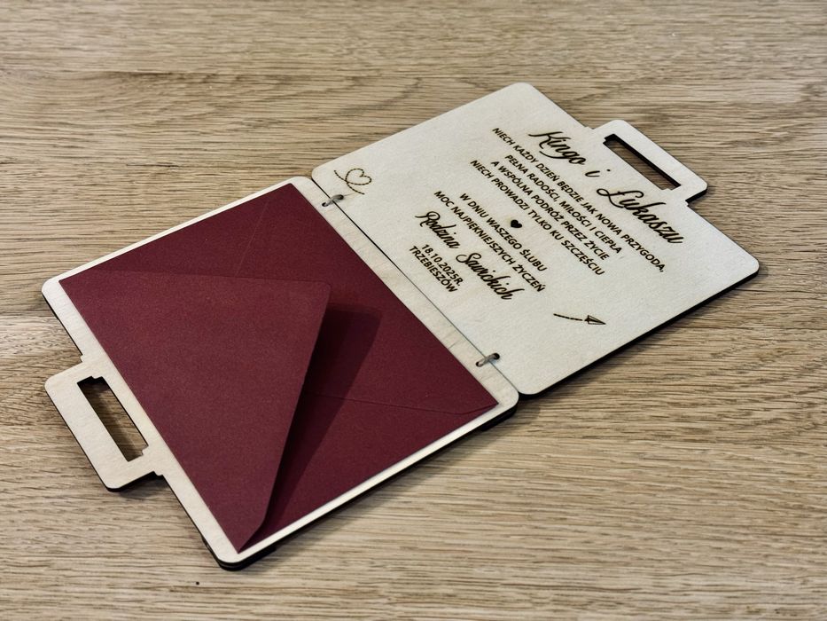Życzenia kartka prezent teczka torba ślub wesele drewniana 3D