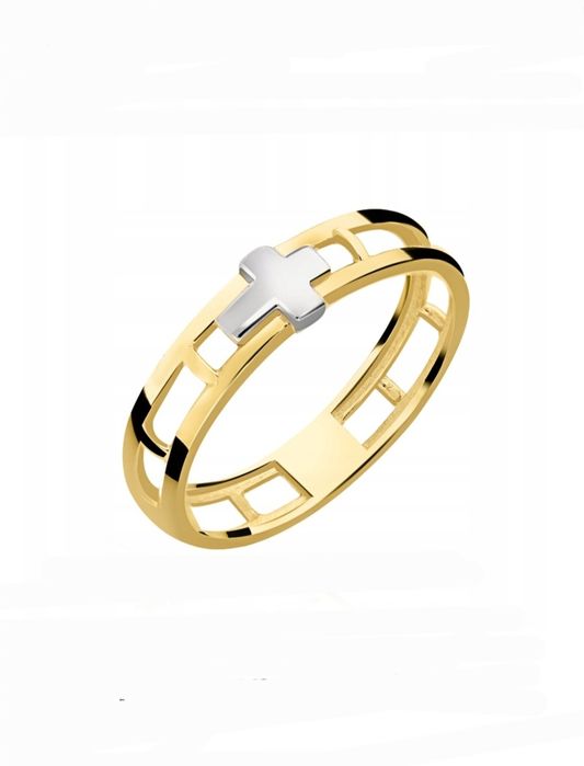 Pierścionek złoty 585 obrączka ażurowa różaniec z krzyżykiem r 15