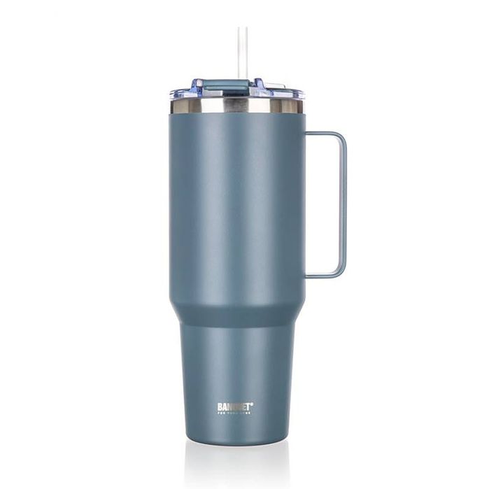 Stalowy Kubek Termiczny 1200Ml Z Rączką I Słomką Banquet Twain Szary