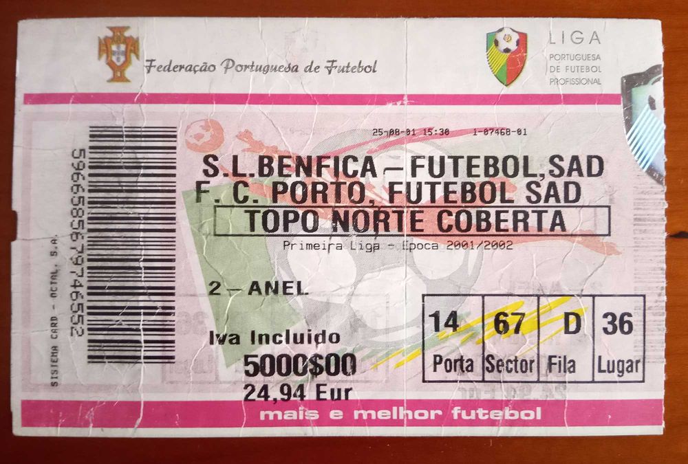 Bilhete Benfica/FCPorto liga portuguesa época 2001/02