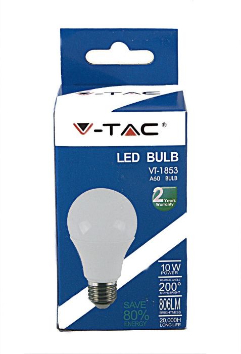 Lâmpada LED E27 A60 10W 806lm 6000K Branco Frio V-TAC VT-1853