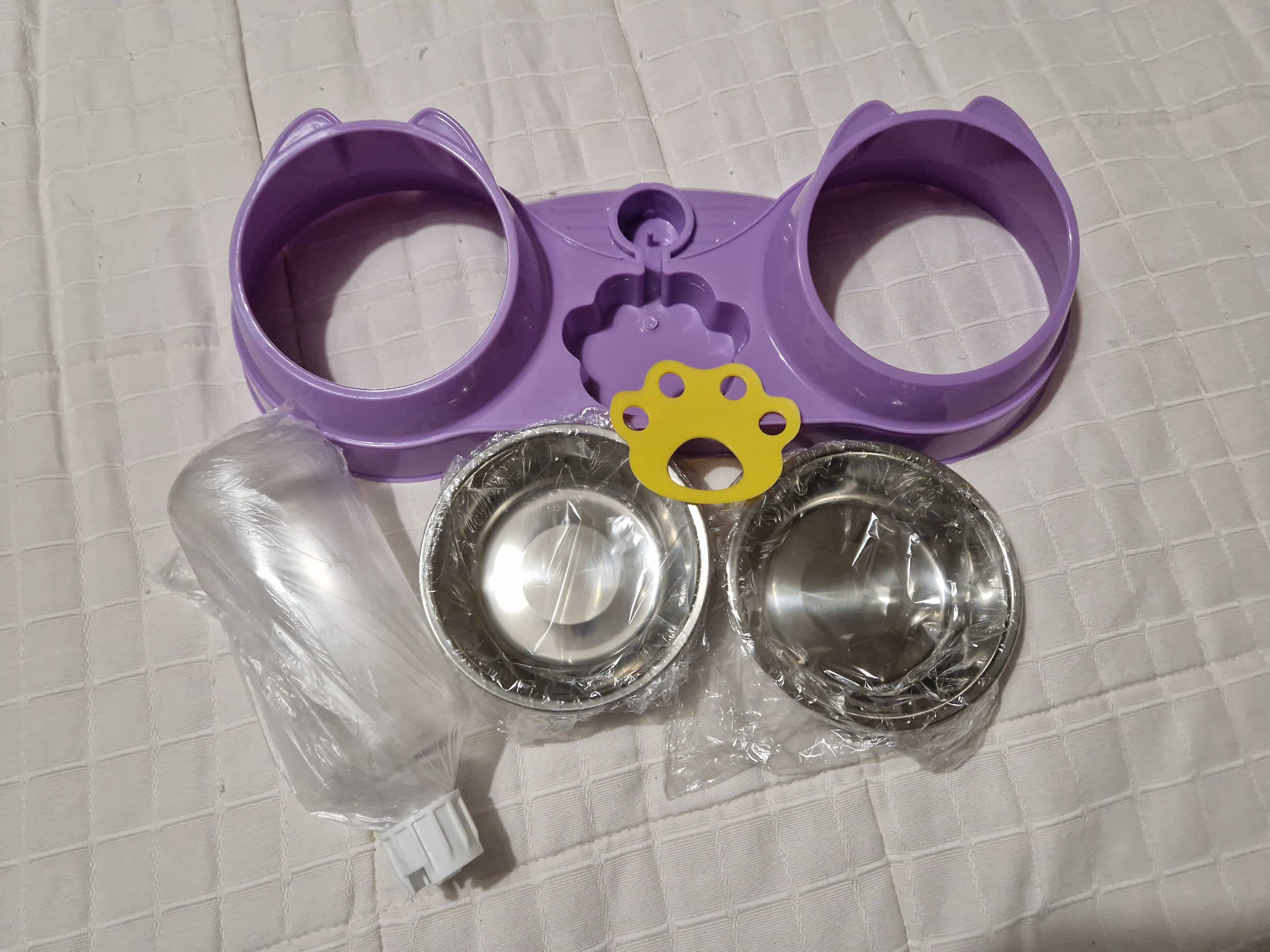 Comedouro Duplo com Dispensador Água para Animais Domésticos