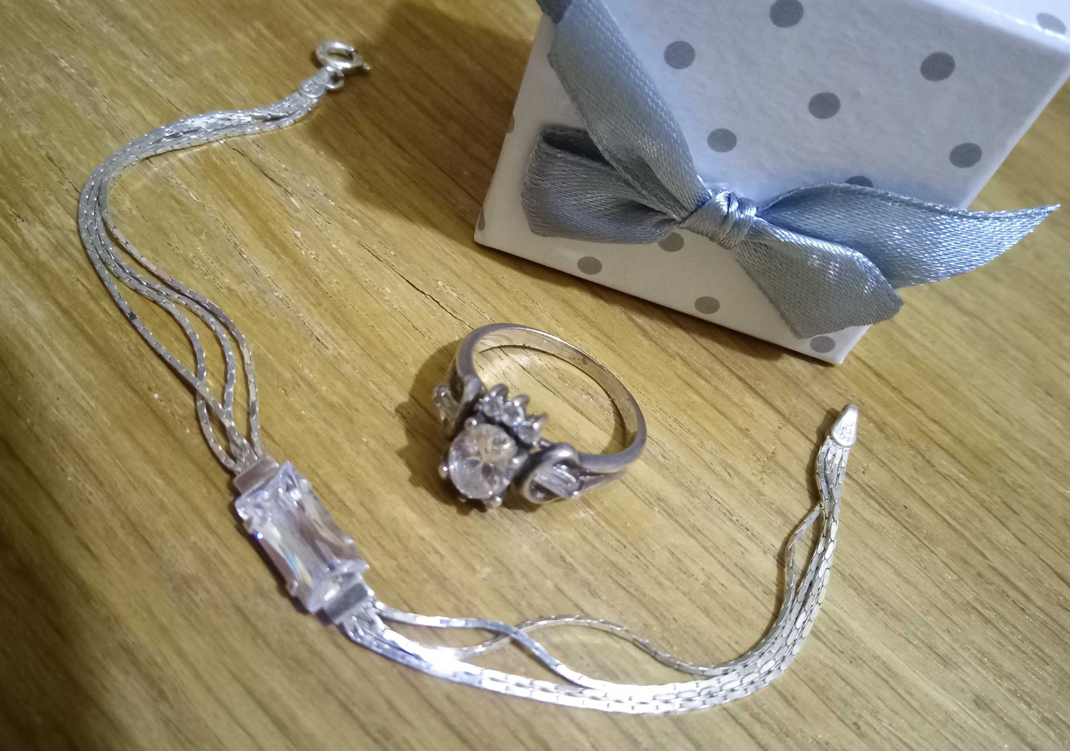 komplet srebrny bransoletka, pierścionek z kryształami, srebro 925