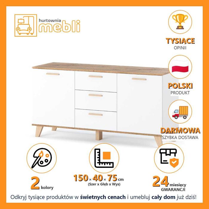 Komoda Skandynawska Do Salonu 150cm Szafka Na Nóżkach 3 Szuflady Duża