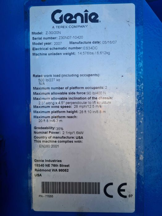 Podnośnik przegubowy elektryczny Genie Z-30/20N, wys robocza 10,89 m,