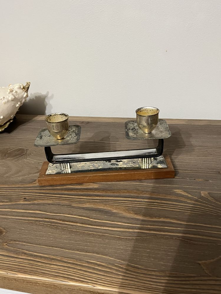 świecznik art deco srebro drewno tek