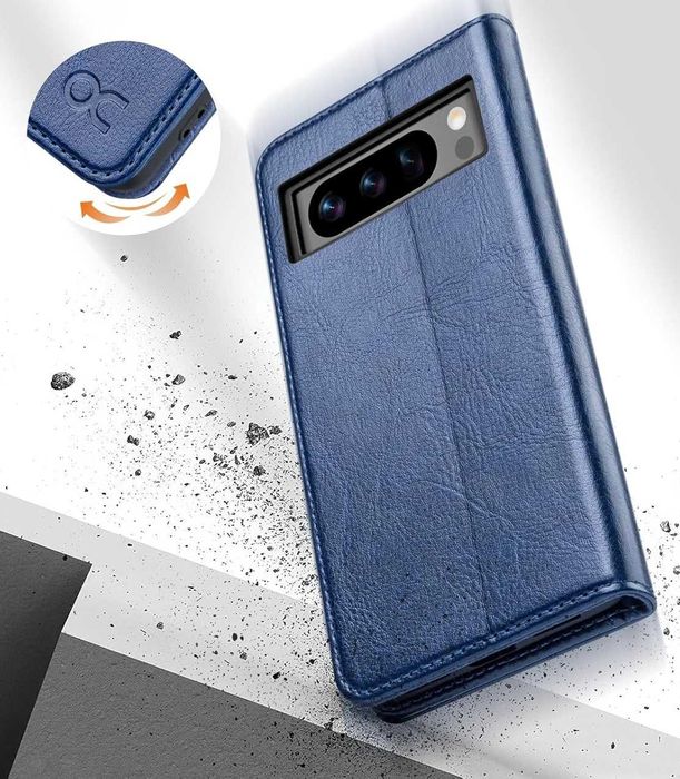 OCASE skórzane etui Google Pixel 8 Pro z klapką portfel RFID granatowe