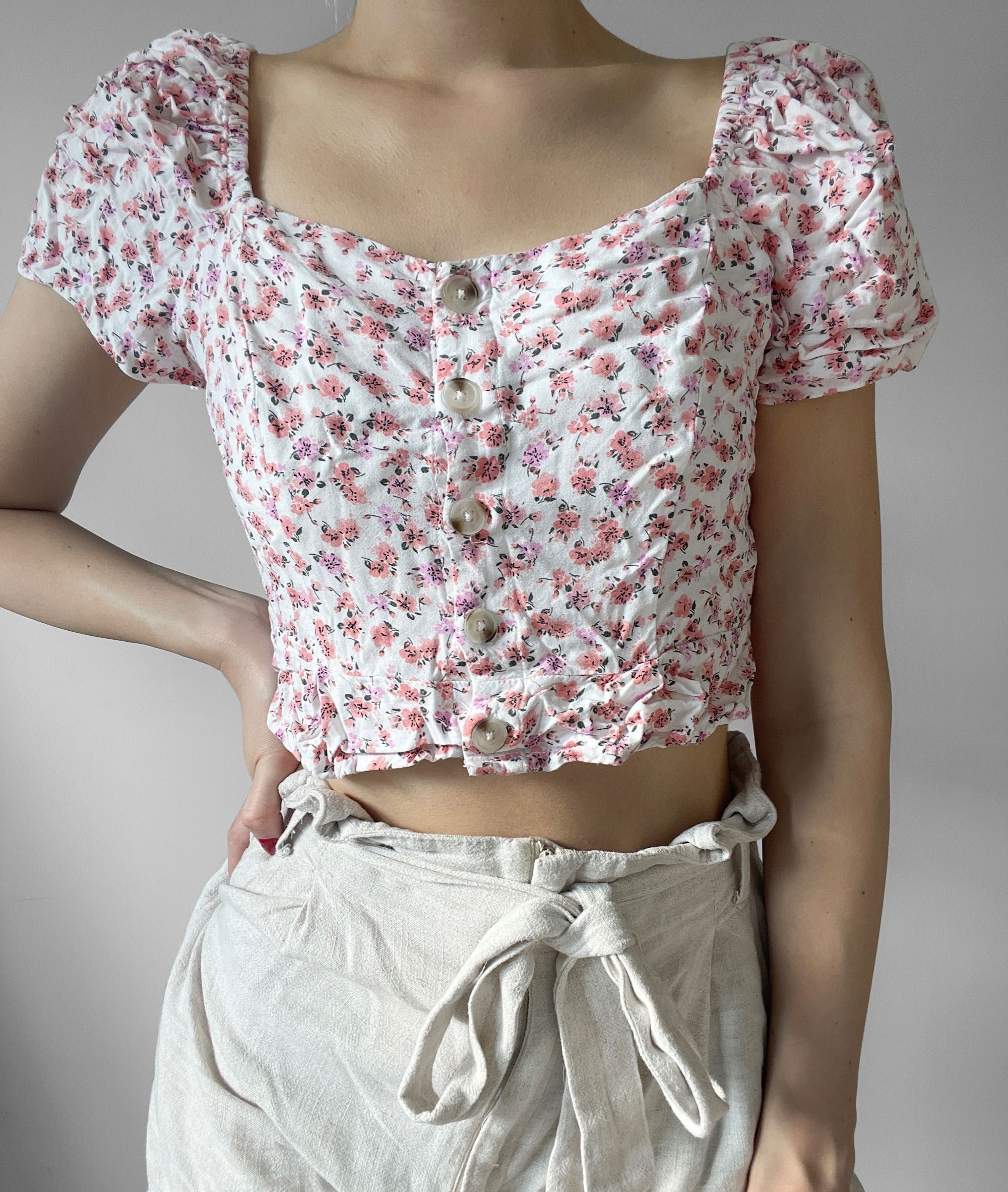 Crop top milkmaid róż push up 100% wiskoza bufki bufiaste ramiona lato