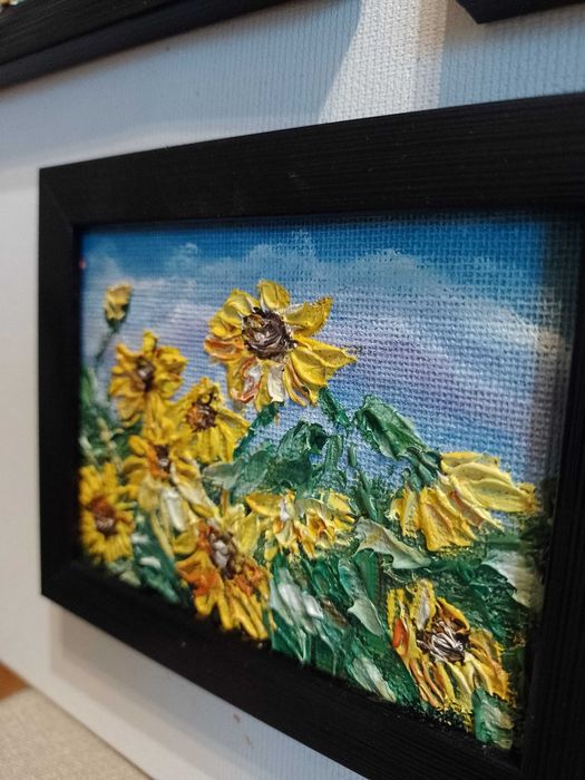 Obrazy olejne w miniaturze w ramkach 12 x 9cm. 3 szt.
