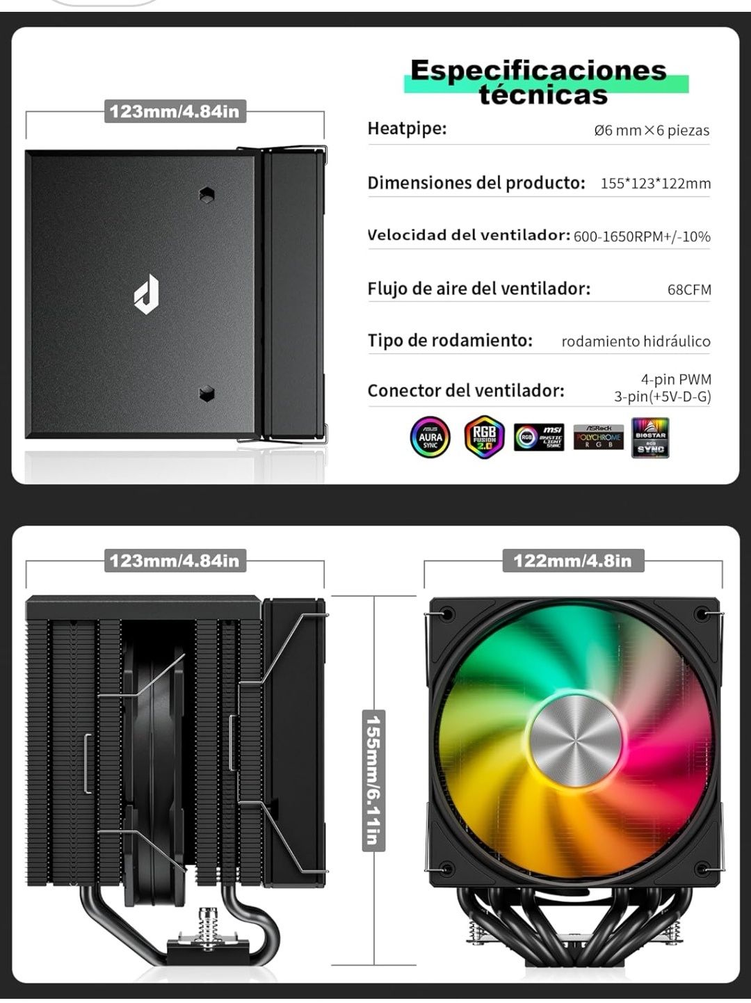 ARGB Wentylator CPU, Dual Tower 6 rur cieplnych CPU chłodnicy, 2 x 120