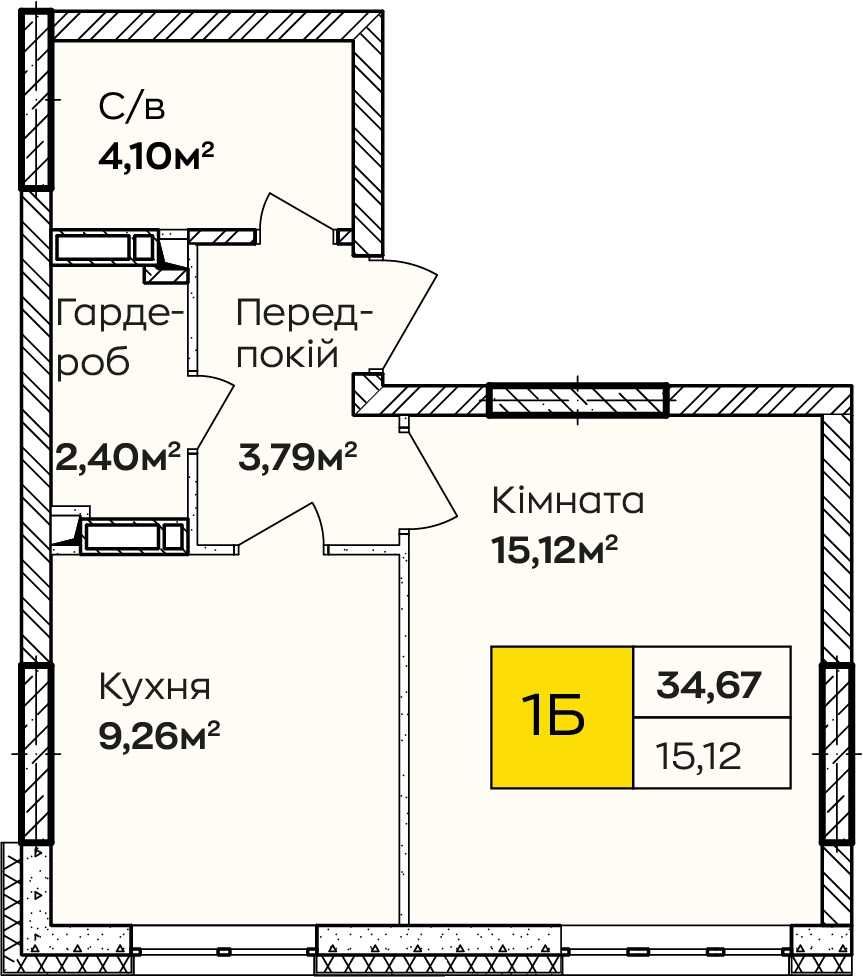 Однушка, площею 34.67м² з гардеробом. Штукатурка та тепла підлога!