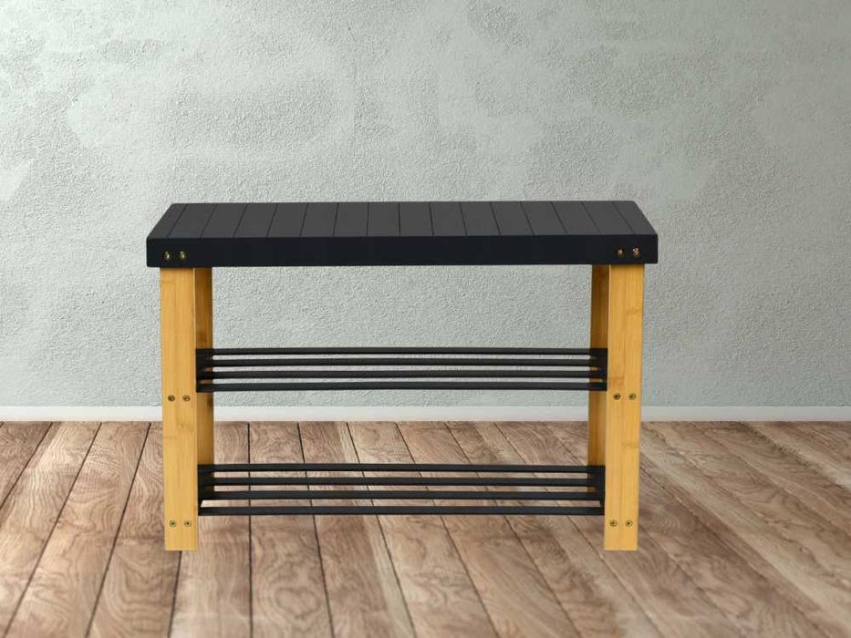 Szafka Regał Półka z Siedziskiem Bambusowa na Buty Obuwie Czarny