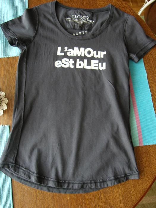 T-shirt granatowy damski, Denim, francuski nadruk, L'amour Est Bleu