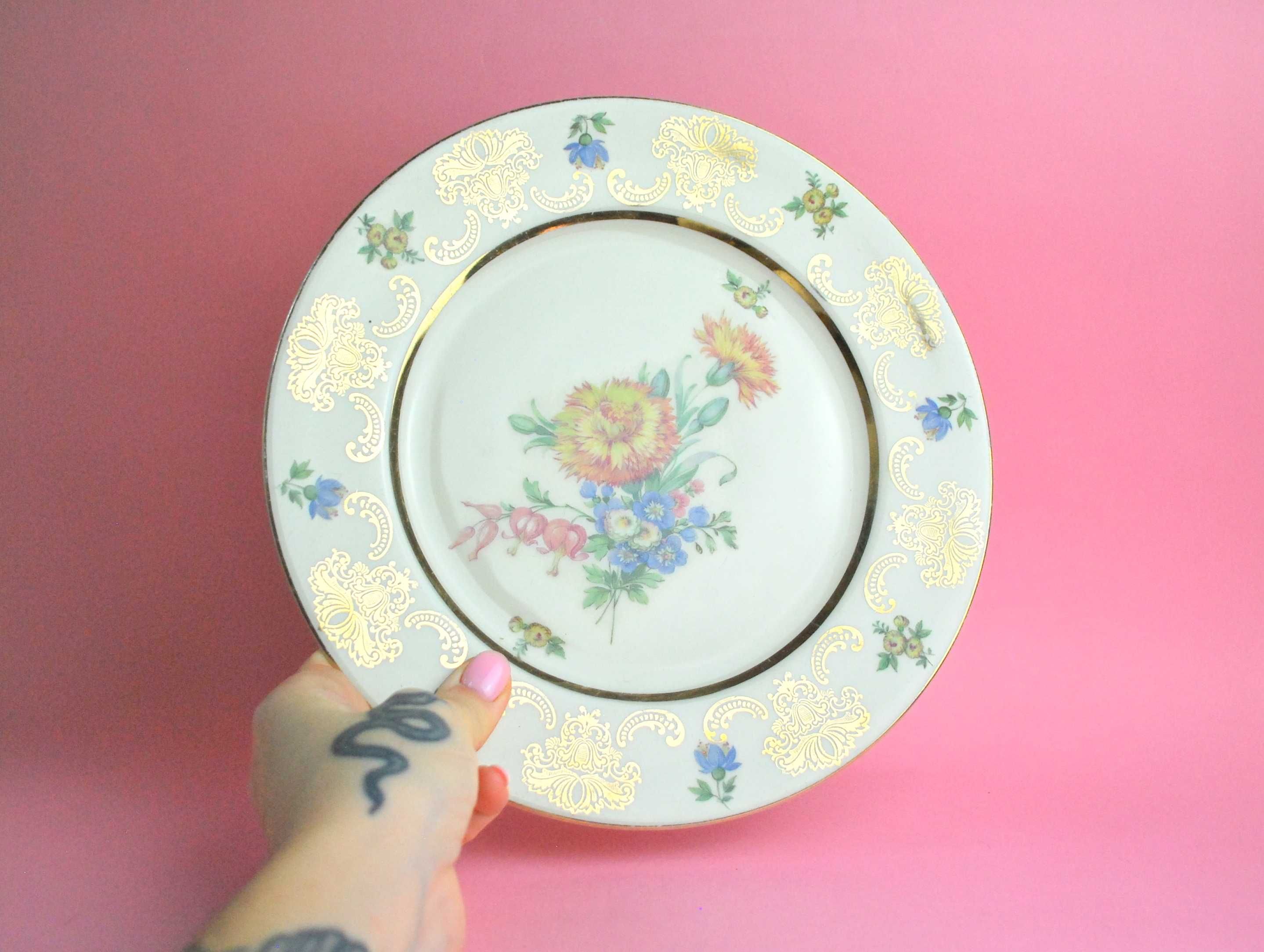 talerz porcelana patera JPM złoto kwiaty retro