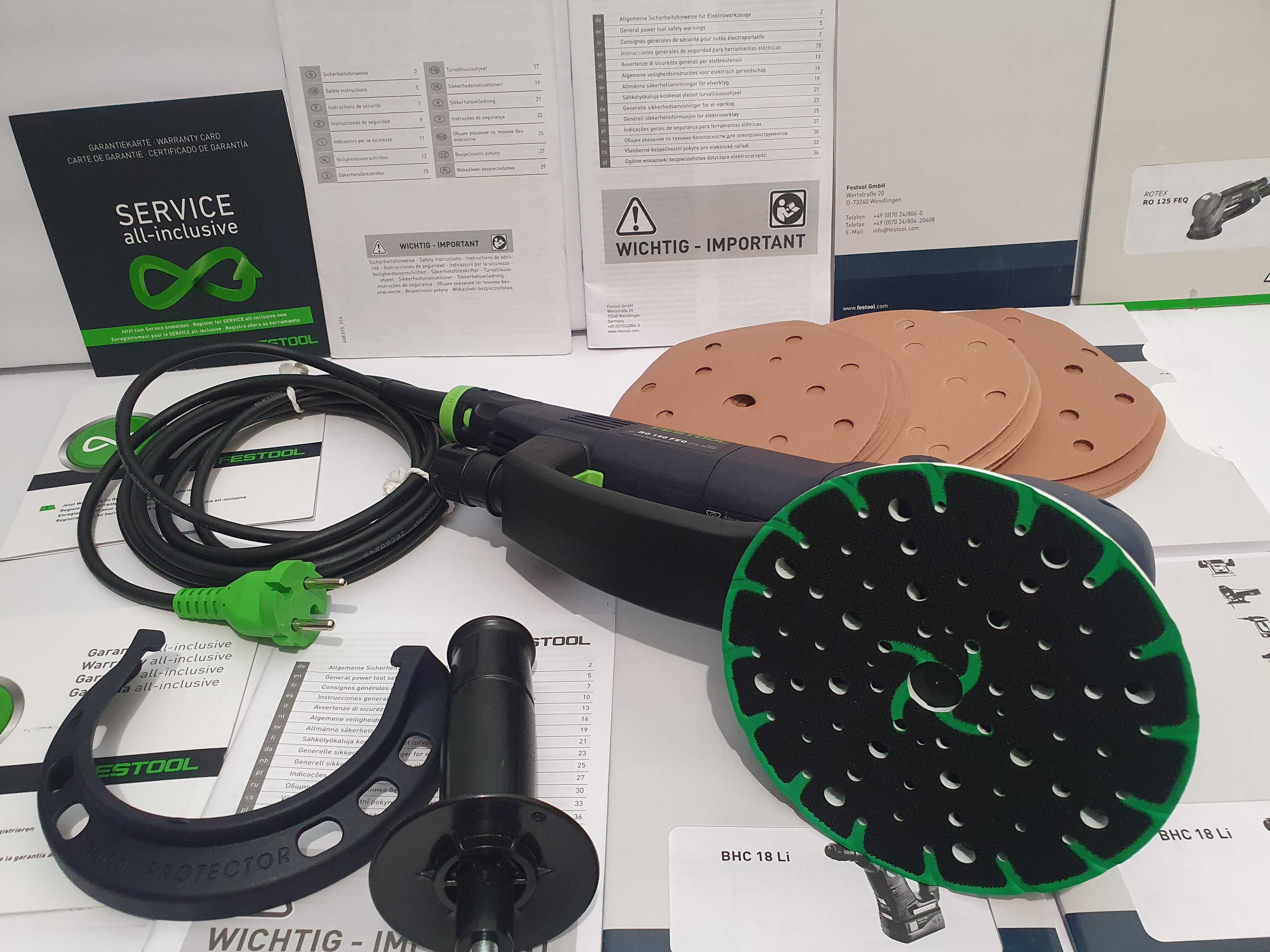Duzy zestaw FESTOOL RO 150 szlifierka +papiery 30szt+raczka+protector