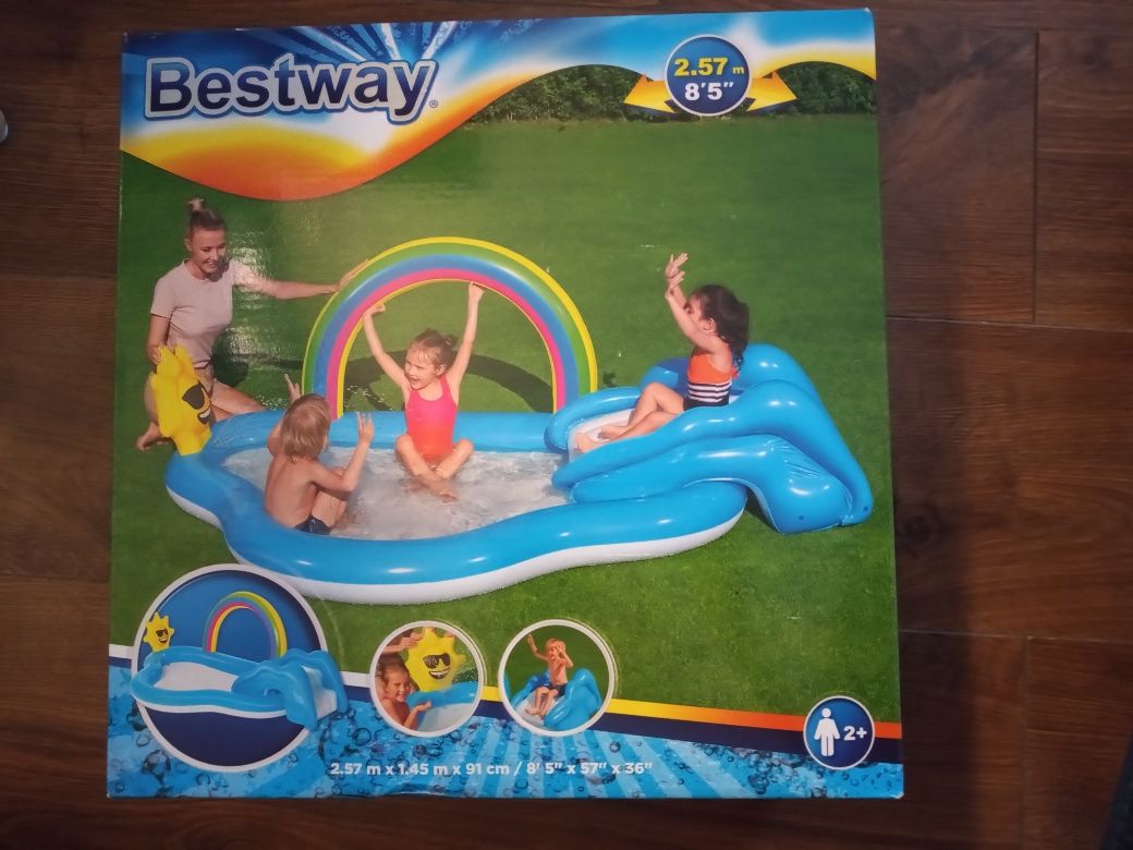 Basen dmuchany Bestway 257x145 zjeżdżalnia tęcza, kwadratowy 262x172