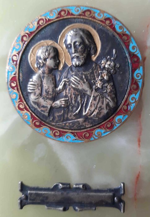 Św. Krzysztof Piękna Plakieta Emalia Marmur XIX/XX w.