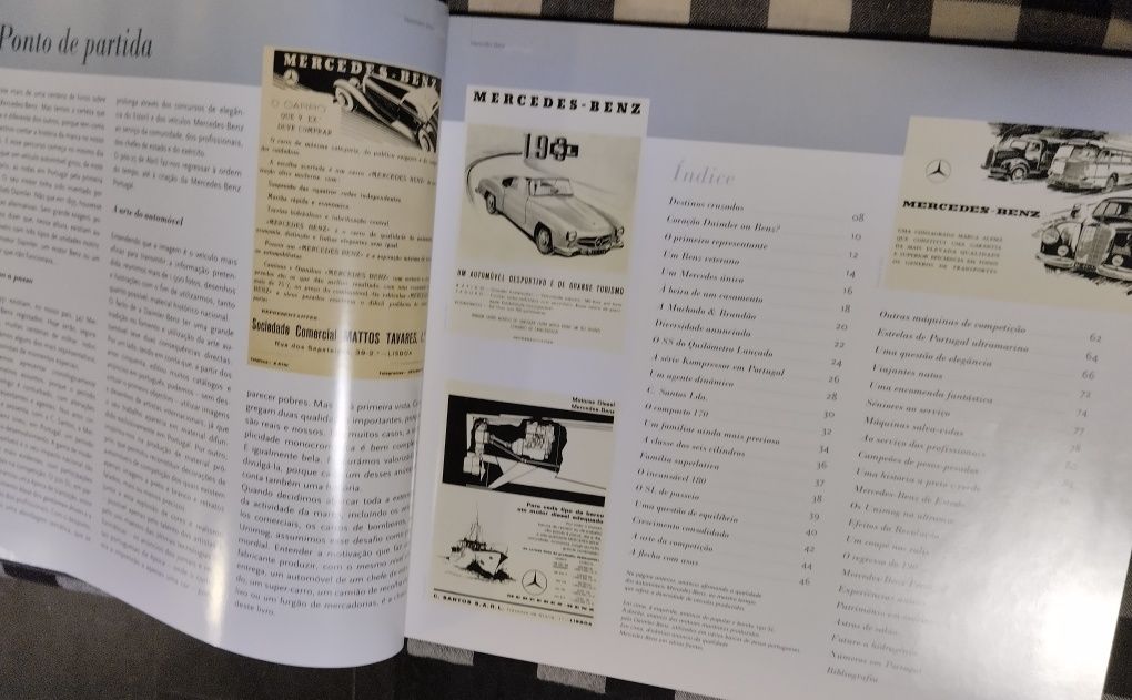 Livro com ilustrações e textos sobre a Mercedes Benz em Portugal