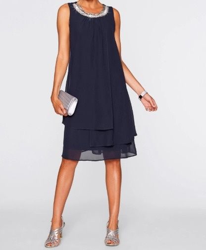 B.P.C sukienka szyfonowa granatowa z aplikacją przy dekolcie r.36