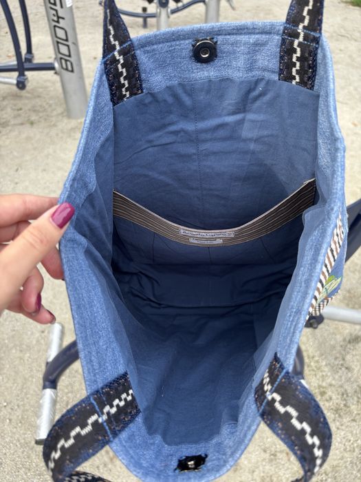 Torba handmade z dżinsu z motywem domków Unikalny shopper