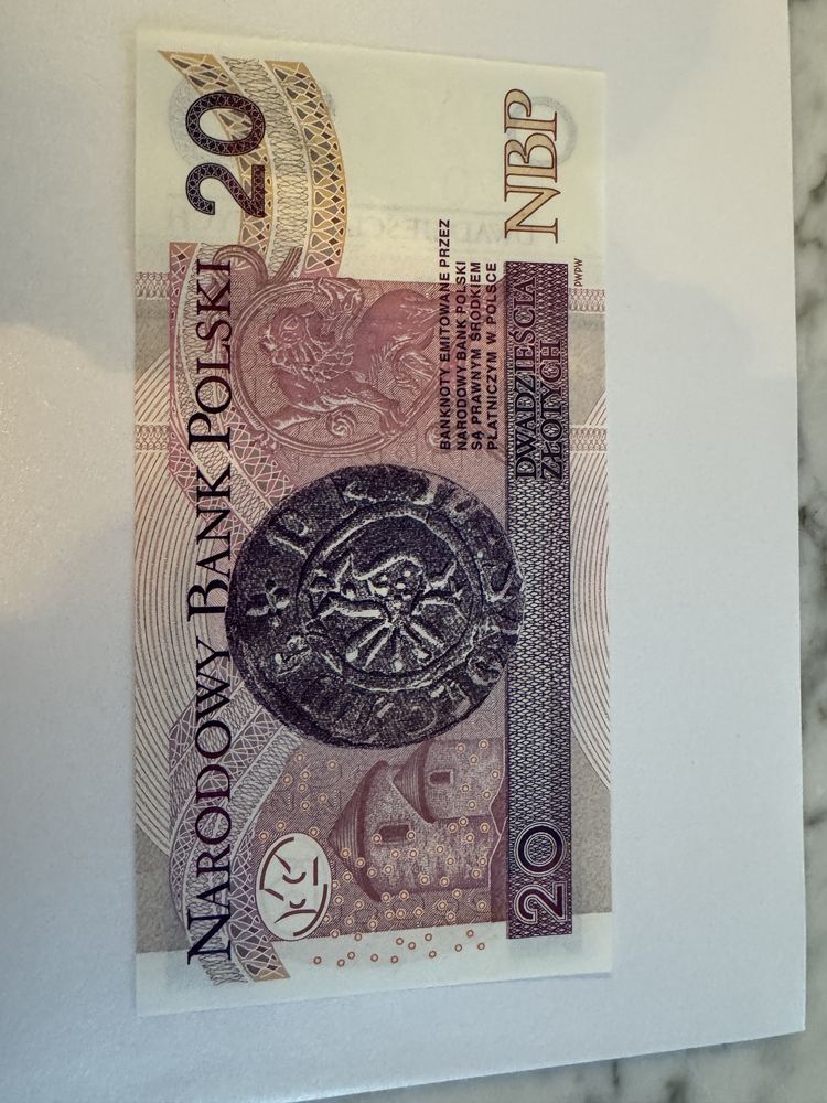 Nowy banknot 20 zł stan unc z paczki bankowej