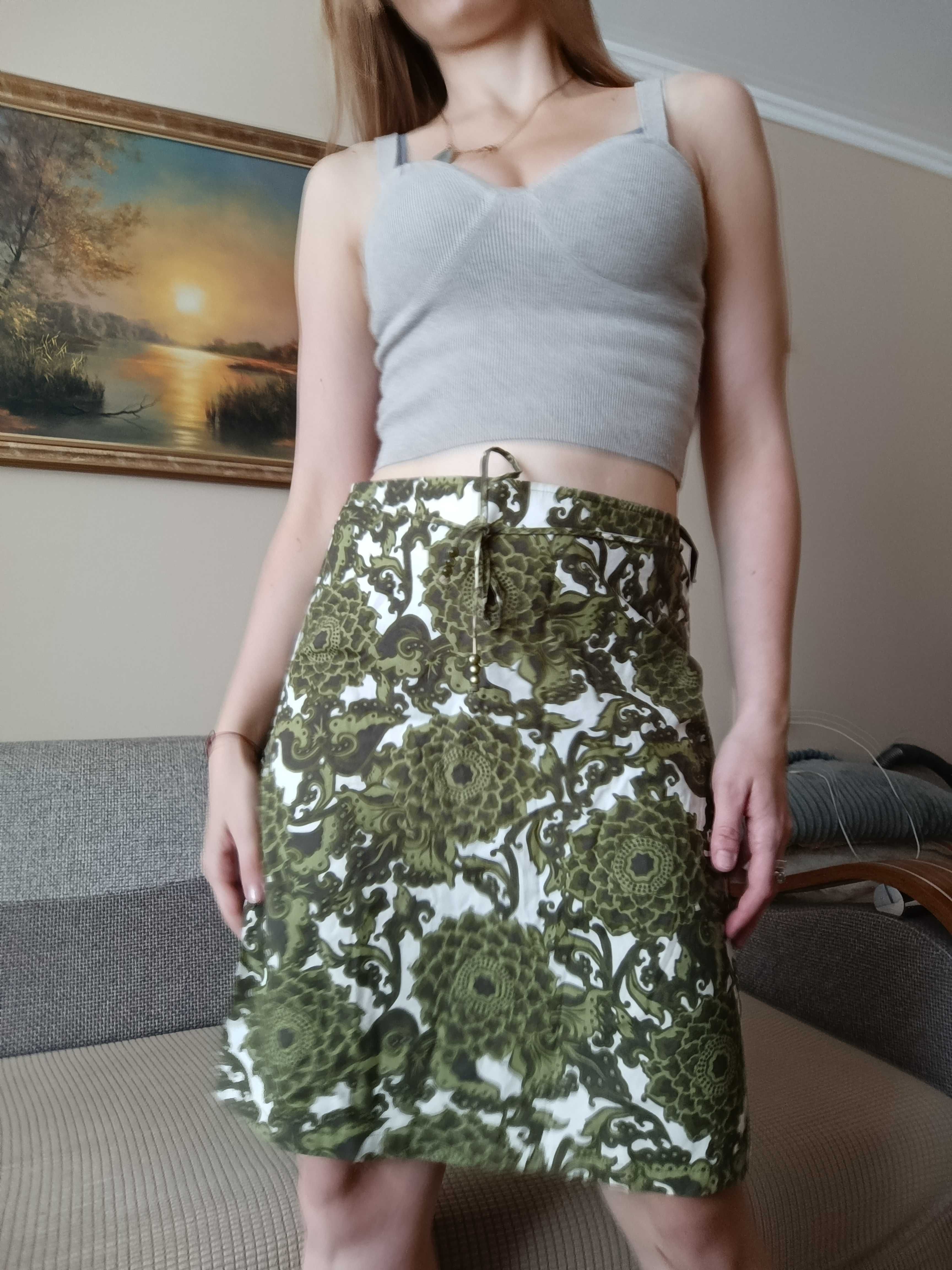 Spódnica low rise midi skirt y2k biała w zielone kwiaty wzory bluszcz