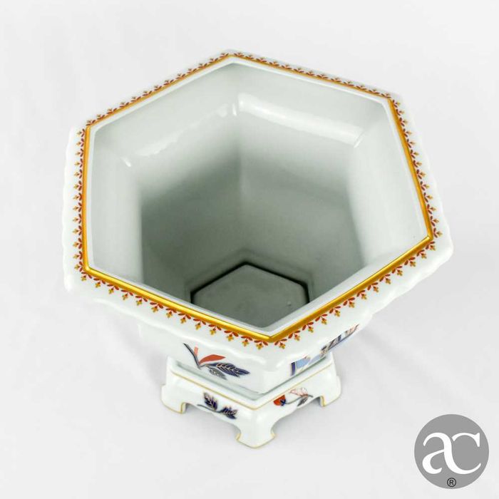 Cachepot hexagonal com base, porcelana Vista Alegre, Decoração Imari