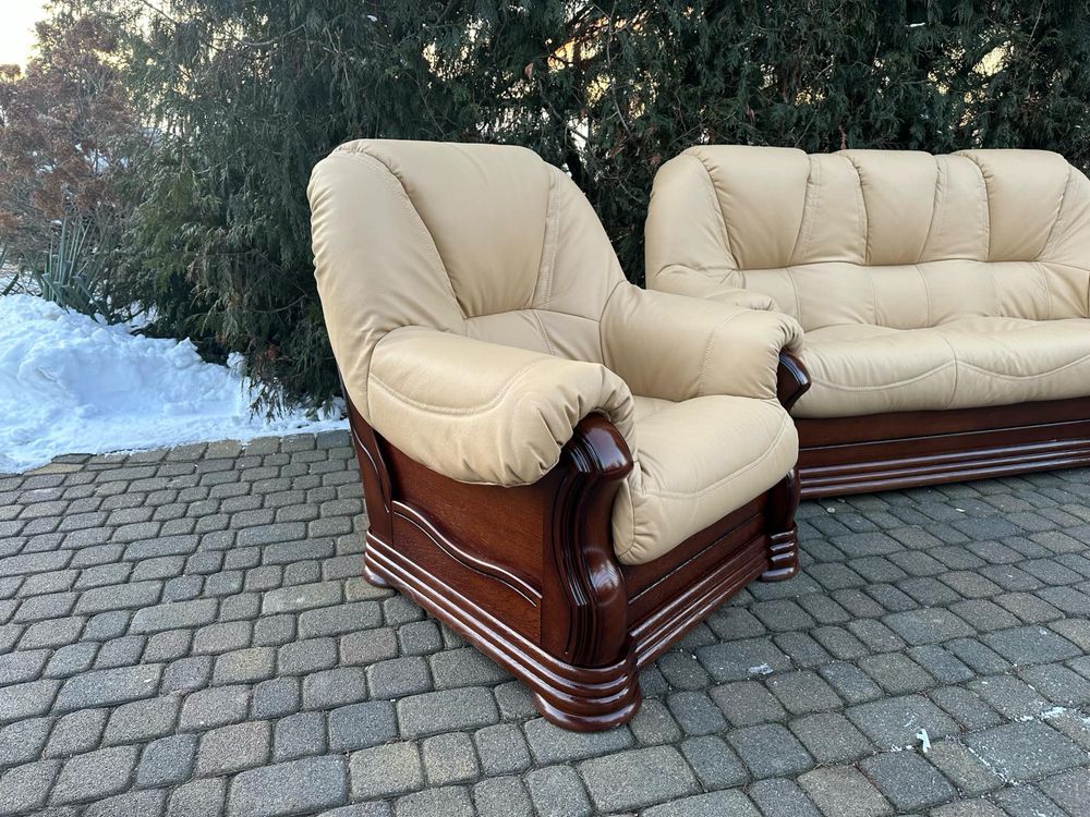 Zestaw wypoczynkowy dąb sofa fotele Nowa Naturalna skóra po renowacji