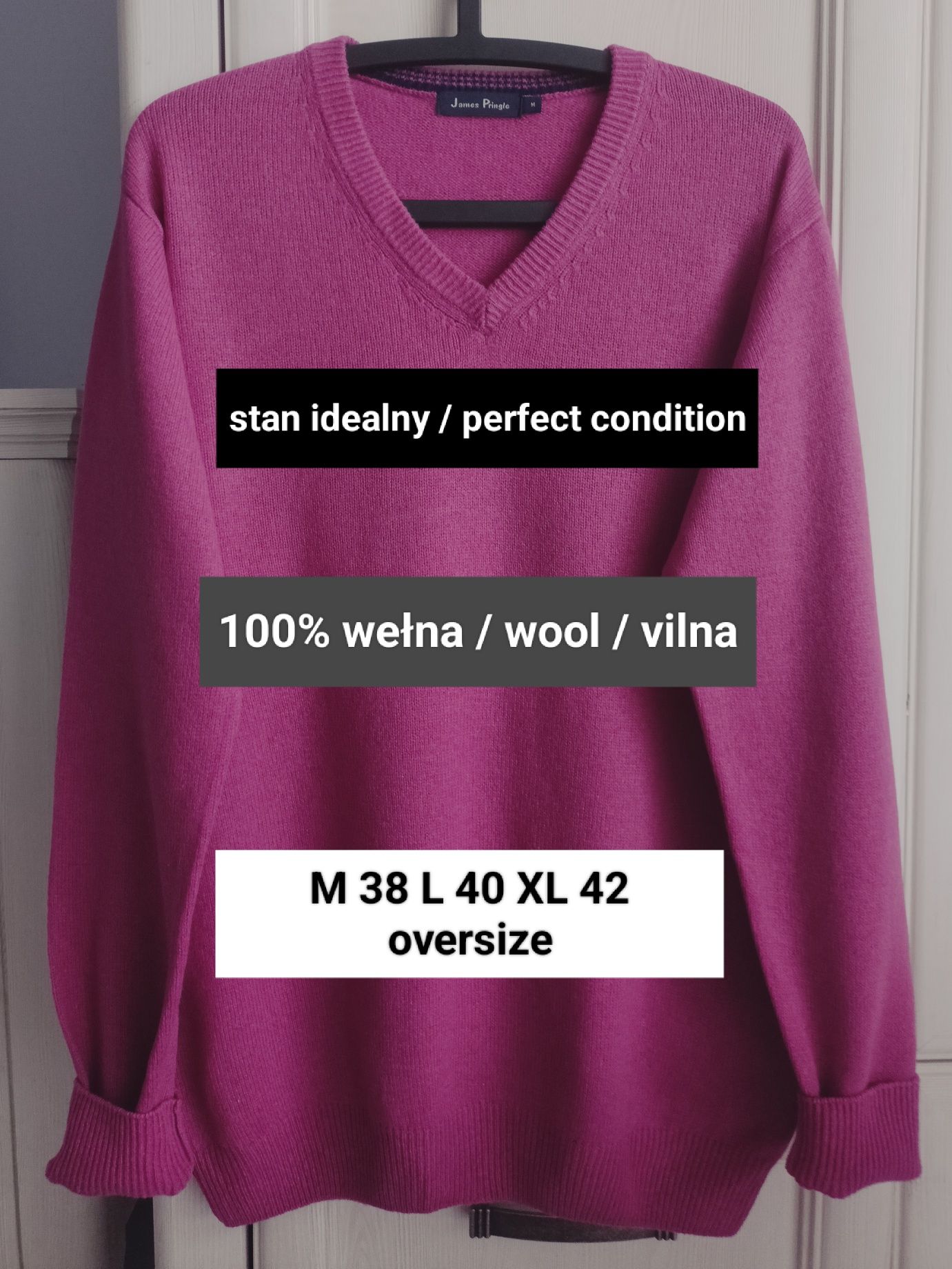 M L XL oversize wełniany sweter fuksja amarant stan idealny tall