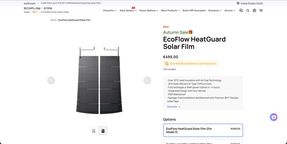 Солнечная панель для Tesla Model 3 EcoFlow HeatGuard Solar Film