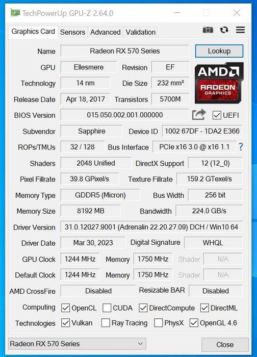 Продам Sapphire rx570 8gb